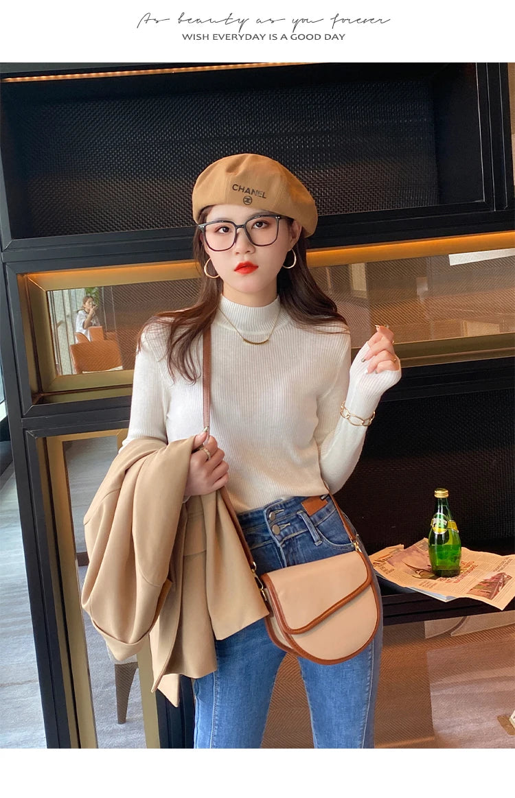 Korean Grace Knitwear – Elegant Mock Neck for Modern Women.