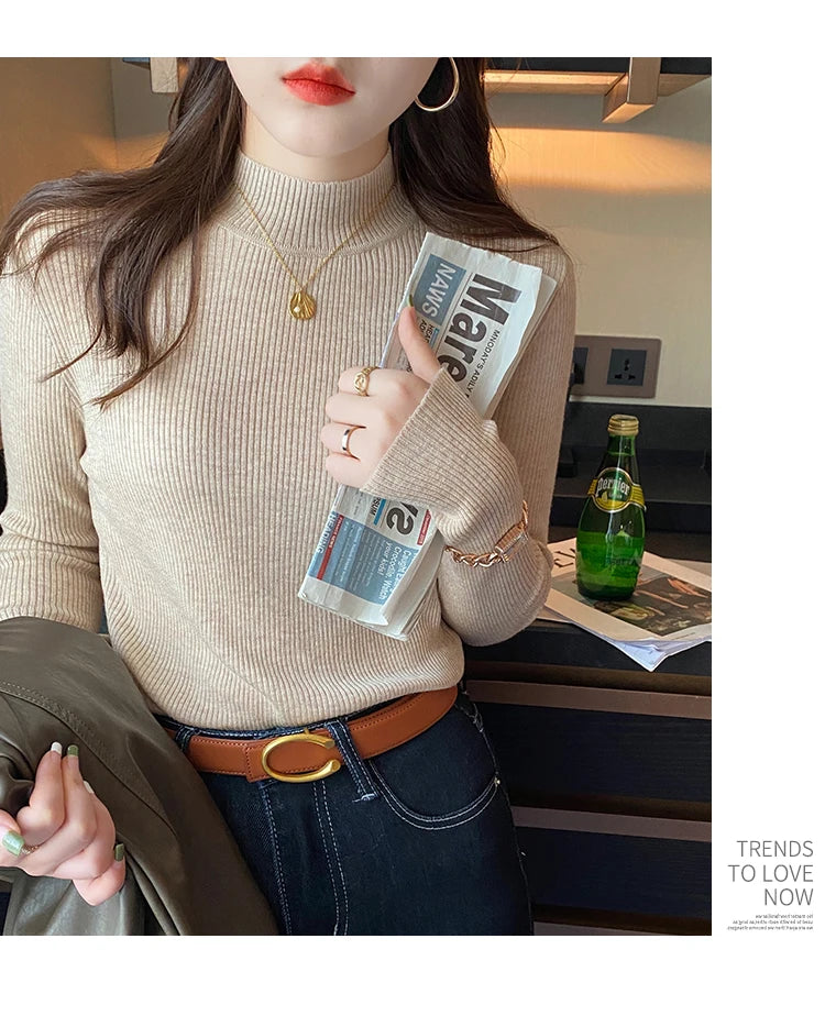 Korean Grace Knitwear – Elegant Mock Neck for Modern Women.