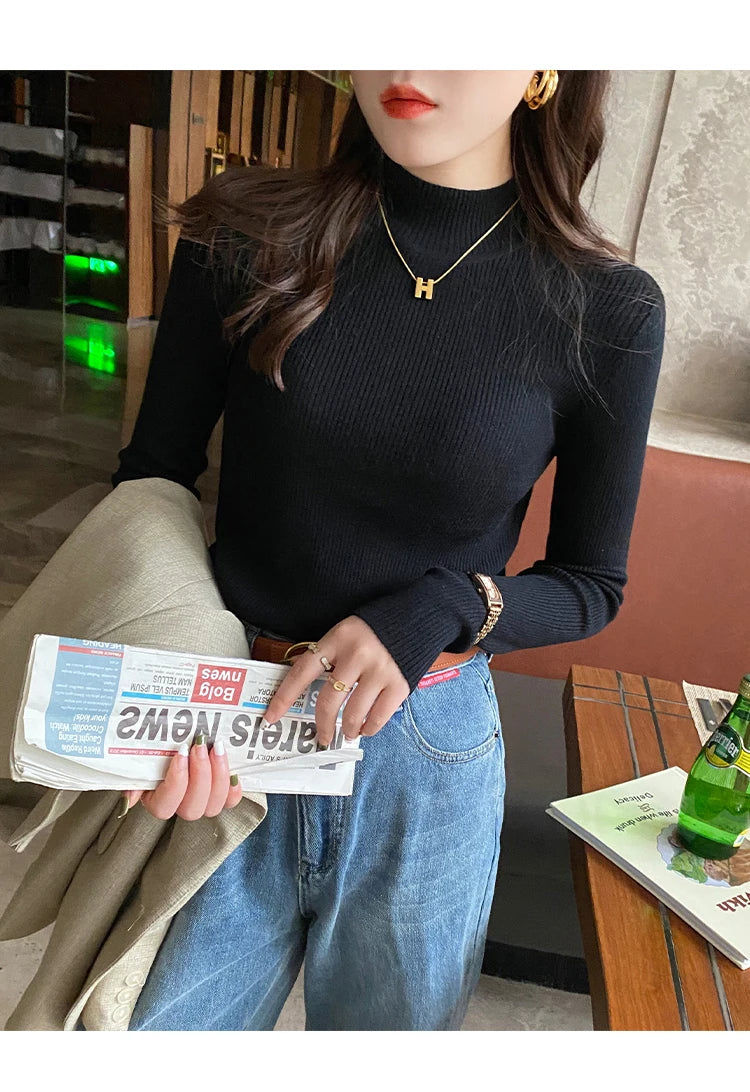 Korean Grace Knitwear – Elegant Mock Neck for Modern Women.