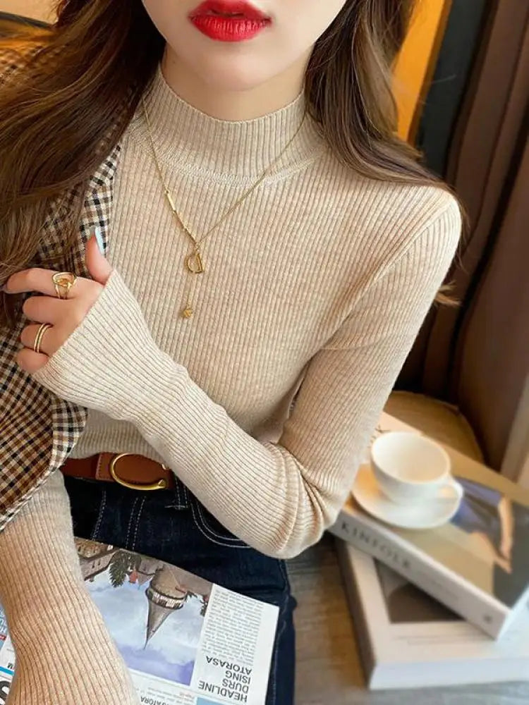 Korean Grace Knitwear – Elegant Mock Neck for Modern Women.