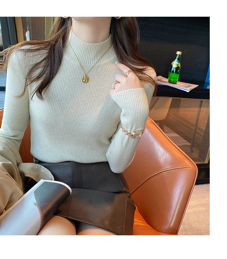 Korean Grace Knitwear – Elegant Mock Neck for Modern Women.