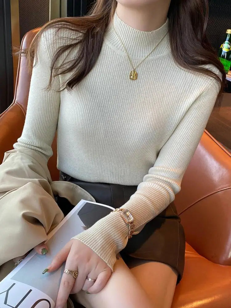 Korean Grace Knitwear – Elegant Mock Neck for Modern Women.