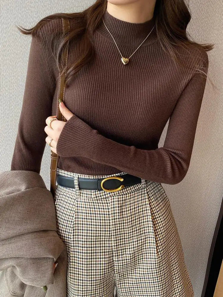 Korean Grace Knitwear – Elegant Mock Neck for Modern Women.