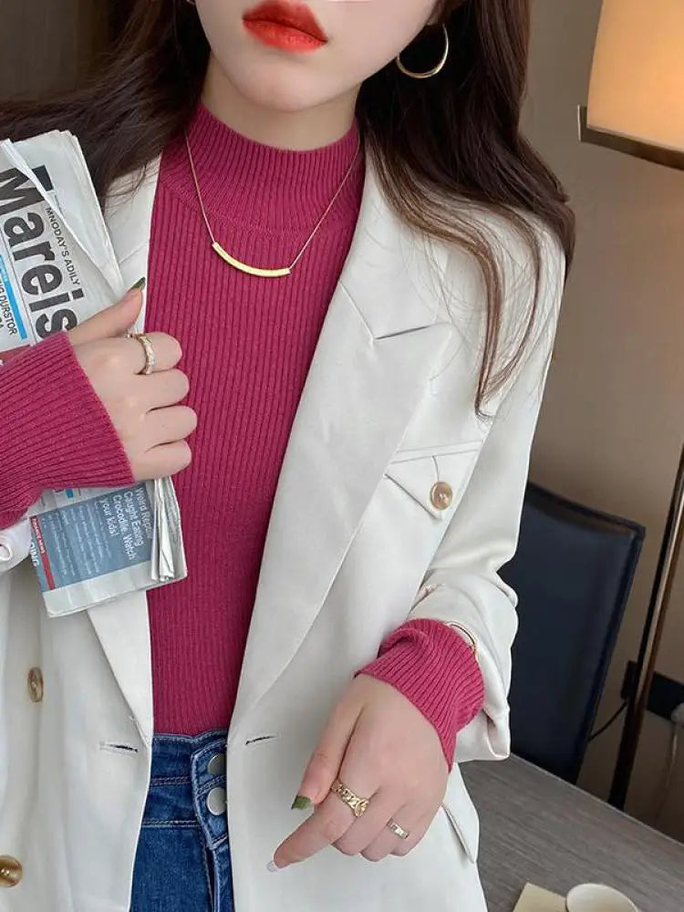 Korean Grace Knitwear – Elegant Mock Neck for Modern Women.