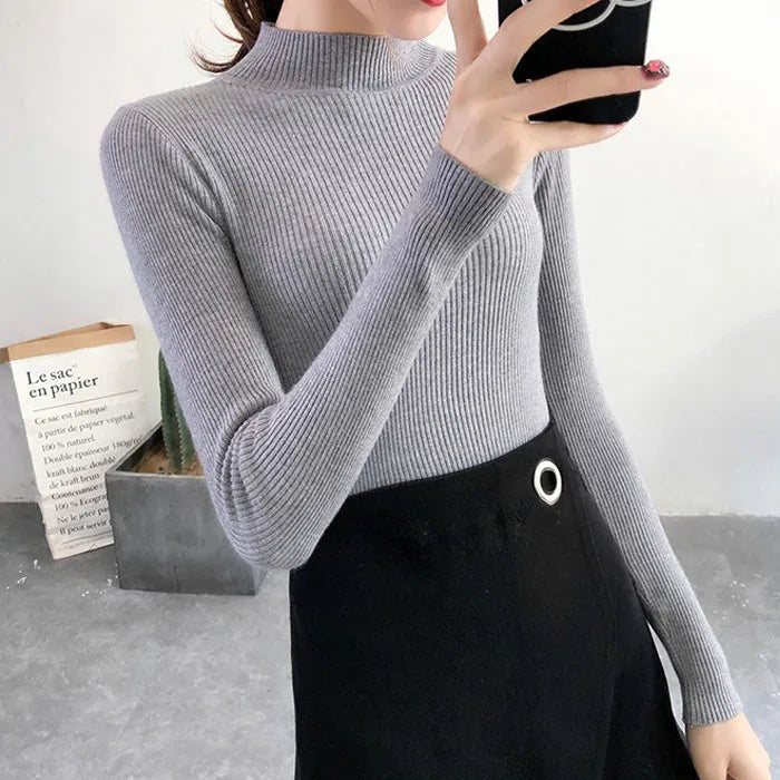 Korean Grace Knitwear – Elegant Mock Neck for Modern Women.