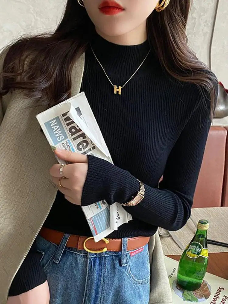 Korean Grace Knitwear – Elegant Mock Neck for Modern Women.